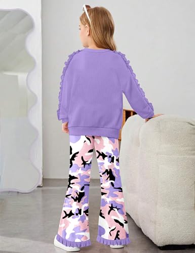 Toddler Girl Clothes Camo Girls Outfits Ruffle Sleeve Tops + Bell Bottom Flared Pants 2 Piece Winter Sweatsuit 2-10T