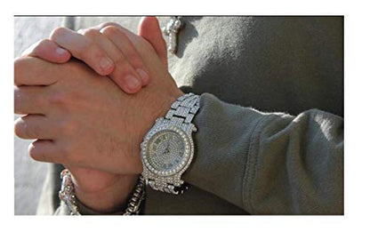 Charles Raymond Bling-ed Out Silver Round Luxury Mens Watch w/Bling-ed Out Bracelet - L0504B