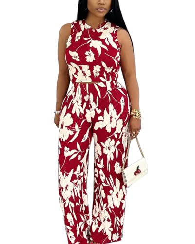 Womens Trendy Ribbed Knit 2 Piece Outfit Sleeveless Crop Top and High Waist Wide Leg Pants Matching Lounge Set