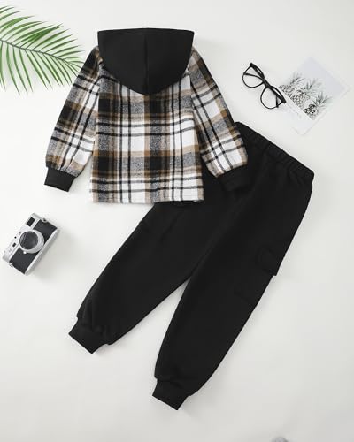 Boys Clothes Fall Winter Outfits, Toddler Boy Sweatsuit Plaid Hoodie Pants Clothing Set For Kids Boys Size 5-12 Years