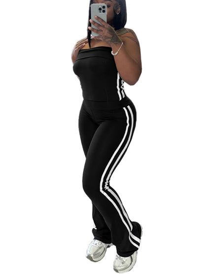 HBQ Women Two Piece Outfits Strapless Crop Top and Flare Pants Casual Stripe Lounge Sets Tracksuits