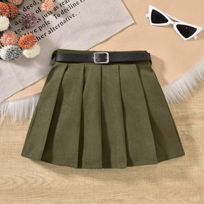 HINTINA Toddler Little Girl Sleeveless Button Vest Ribbed Long Sleeve Collar Top And Pleated Skirt With Belt