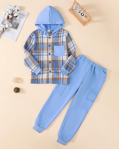 Boys Clothes Fall Winter Outfits, Toddler Boy Sweatsuit Plaid Hoodie Pants Clothing Set For Kids Boys Size 5-12 Years