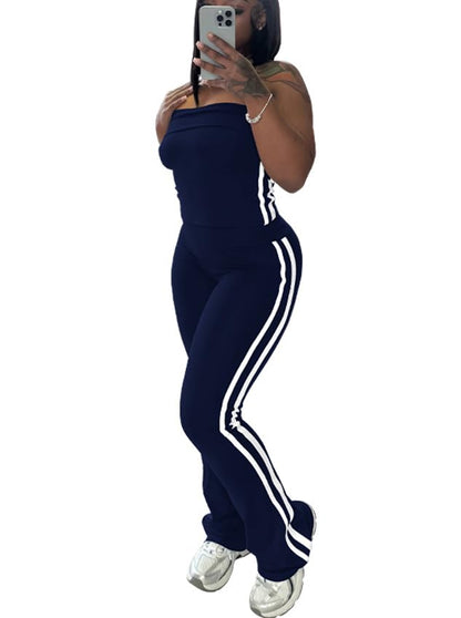 HBQ Women Two Piece Outfits Strapless Crop Top and Flare Pants Casual Stripe Lounge Sets Tracksuits