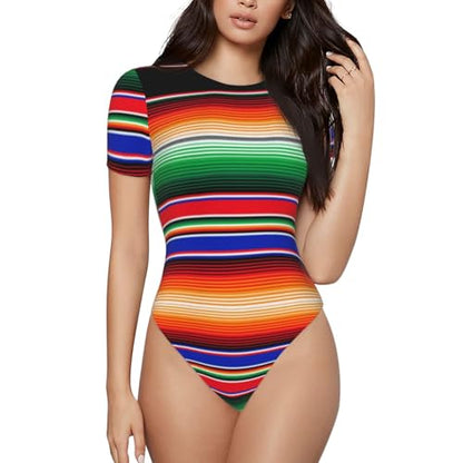 Serape Rainbow Stripes Mexican Pattern Women’s Short Sleeve Bodysuit Round Neck Onesie Stretchy One-Piece Jumpsuit