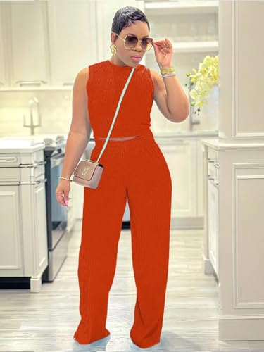 Womens Trendy Ribbed Knit 2 Piece Outfit Sleeveless Crop Top and High Waist Wide Leg Pants Matching Lounge Set