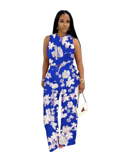 Womens Trendy Ribbed Knit 2 Piece Outfit Sleeveless Crop Top and High Waist Wide Leg Pants Matching Lounge Set