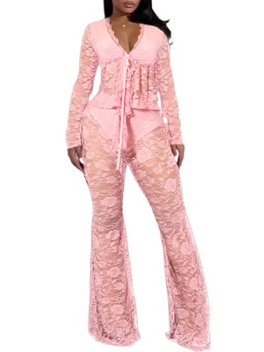 acelyn 2 Piece Lace Outfits For Women Floral Sheer Tie Frone Long Sleeve Crop Top and Flared Pants Y2K Club Outfit
