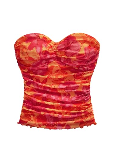 WDIRARA Women's Floral Mesh Tube Top Strapless Ruched Bandeau Summer Vacation Crop Tops