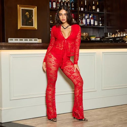 acelyn 2 Piece Lace Outfits For Women Floral Sheer Tie Frone Long Sleeve Crop Top and Flared Pants Y2K Club Outfit