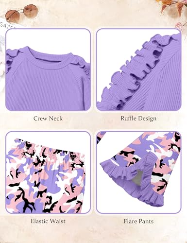 Toddler Girl Clothes Camo Girls Outfits Ruffle Sleeve Tops + Bell Bottom Flared Pants 2 Piece Winter Sweatsuit 2-10T
