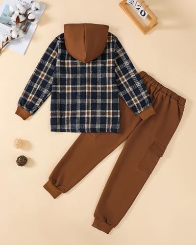 Boys Clothes Fall Winter Outfits, Toddler Boy Sweatsuit Plaid Hoodie Pants Clothing Set For Kids Boys Size 5-12 Years
