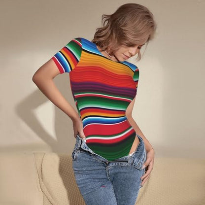 Serape Rainbow Stripes Mexican Pattern Women’s Short Sleeve Bodysuit Round Neck Onesie Stretchy One-Piece Jumpsuit
