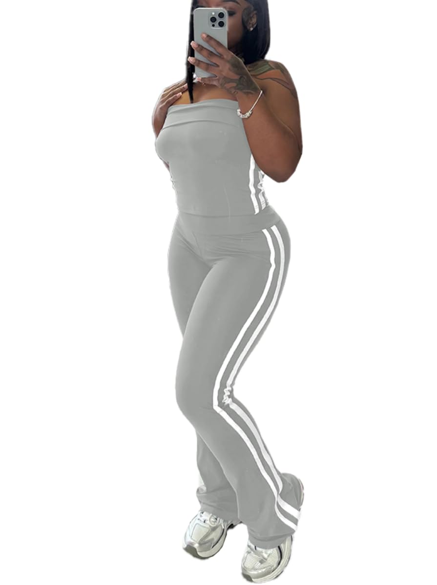 HBQ Women Two Piece Outfits Strapless Crop Top and Flare Pants Casual Stripe Lounge Sets Tracksuits