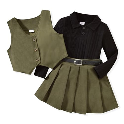 HINTINA Toddler Little Girl Sleeveless Button Vest Ribbed Long Sleeve Collar Top And Pleated Skirt With Belt