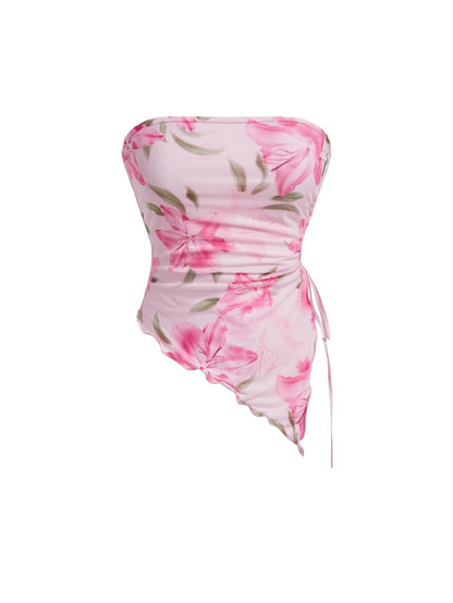 WDIRARA Women's Floral Mesh Strapless Side Ruched Tube Top Asymmetrical Hem Bandeau Crop Tops