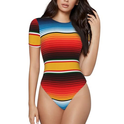 Serape Rainbow Stripes Mexican Pattern Women’s Short Sleeve Bodysuit Round Neck Onesie Stretchy One-Piece Jumpsuit