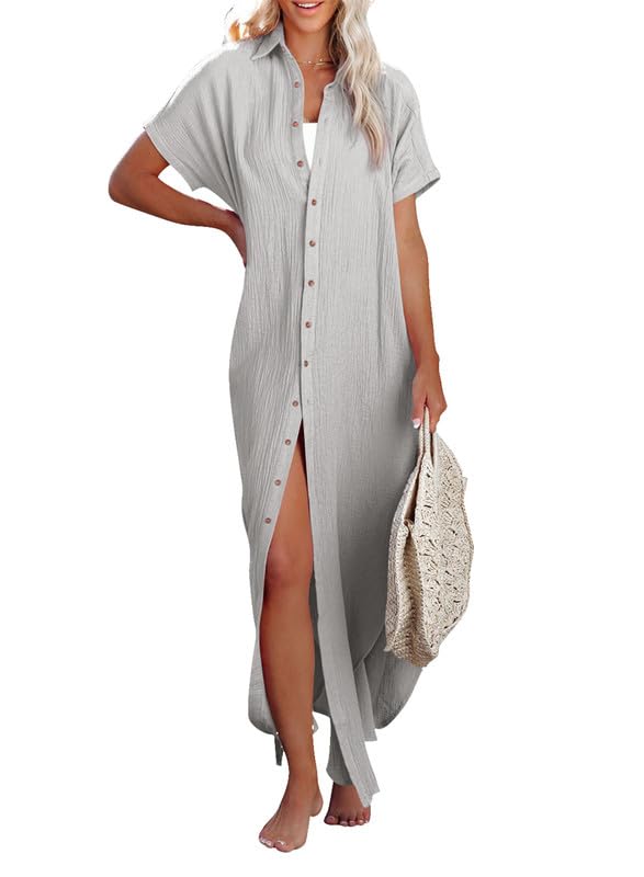 Dokotoo Womens Casual Short Sleeve Side Split Button Down Long Kimonos Cardigans Swimsuit Cover Ups Summer Beach Dress