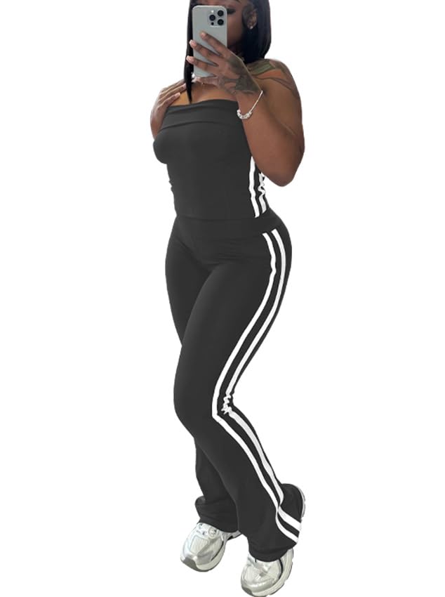HBQ Women Two Piece Outfits Strapless Crop Top and Flare Pants Casual Stripe Lounge Sets Tracksuits