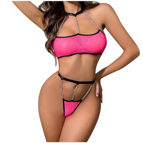 Women Lingerie Set 2 Piece Halter Bra and Metal Chain Thong See Through Lingerie Set Sexy Babydoll Teddy Nightwear