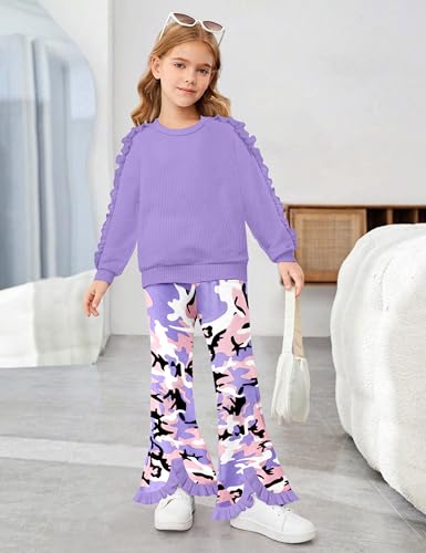 Toddler Girl Clothes Camo Girls Outfits Ruffle Sleeve Tops + Bell Bottom Flared Pants 2 Piece Winter Sweatsuit 2-10T