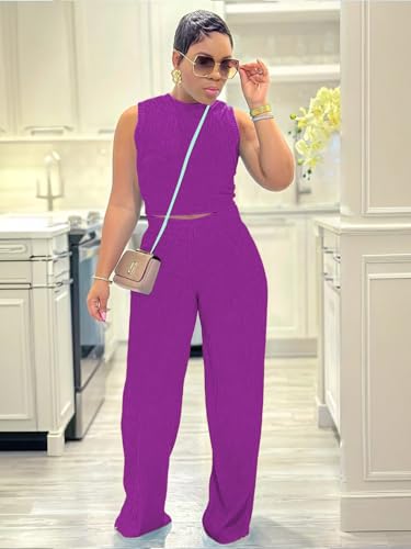Womens Trendy Ribbed Knit 2 Piece Outfit Sleeveless Crop Top and High Waist Wide Leg Pants Matching Lounge Set