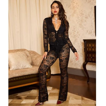 acelyn 2 Piece Lace Outfits For Women Floral Sheer Tie Frone Long Sleeve Crop Top and Flared Pants Y2K Club Outfit