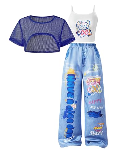 SOLY HUX Girl's Graphic 3 Piece Outfits Sheer Crop Tee and Cami Top with Jeans Pants Set