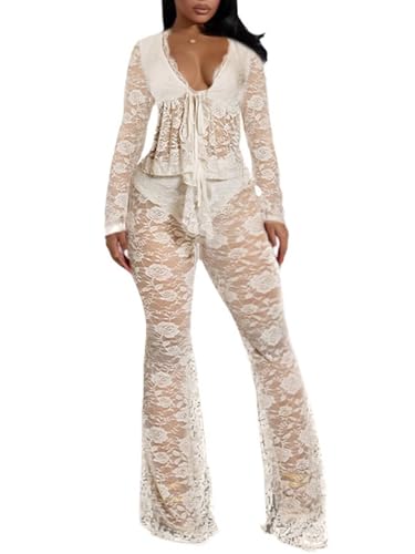 acelyn 2 Piece Lace Outfits For Women Floral Sheer Tie Frone Long Sleeve Crop Top and Flared Pants Y2K Club Outfit