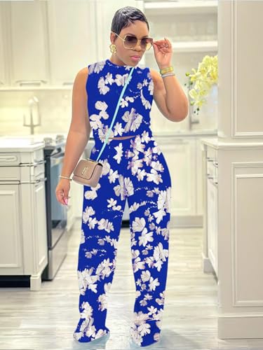 Womens Trendy Ribbed Knit 2 Piece Outfit Sleeveless Crop Top and High Waist Wide Leg Pants Matching Lounge Set