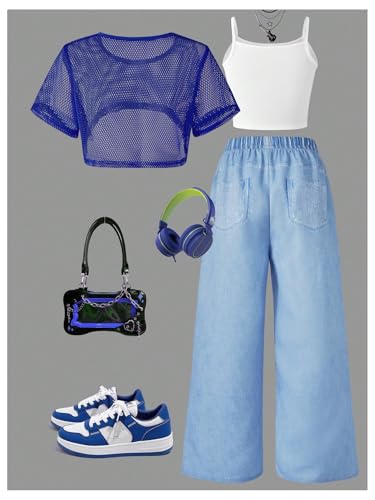 SOLY HUX Girl's Graphic 3 Piece Outfits Sheer Crop Tee and Cami Top with Jeans Pants Set
