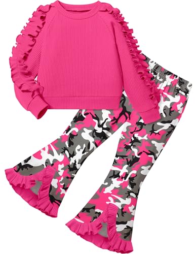 Toddler Girl Clothes Camo Girls Outfits Ruffle Sleeve Tops + Bell Bottom Flared Pants 2 Piece Winter Sweatsuit 2-10T