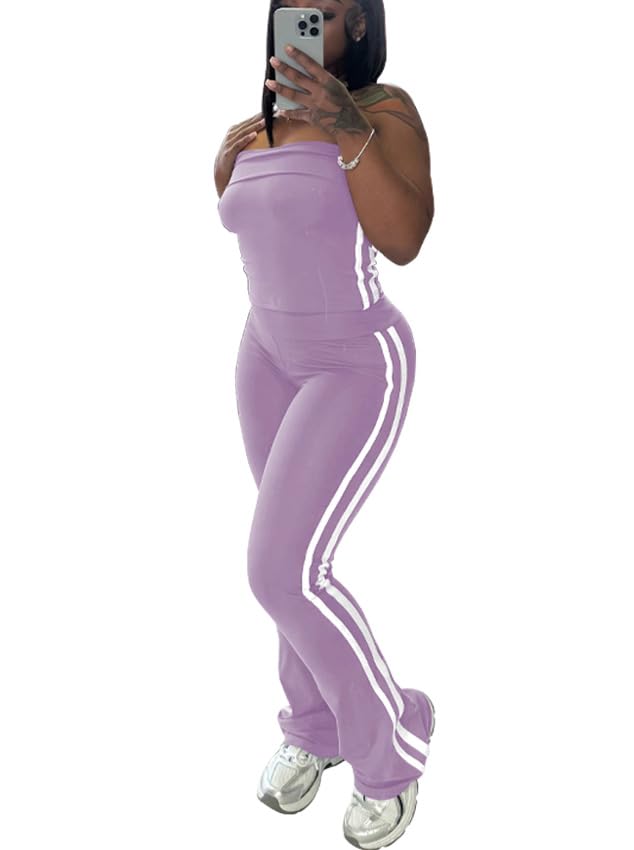 HBQ Women Two Piece Outfits Strapless Crop Top and Flare Pants Casual Stripe Lounge Sets Tracksuits