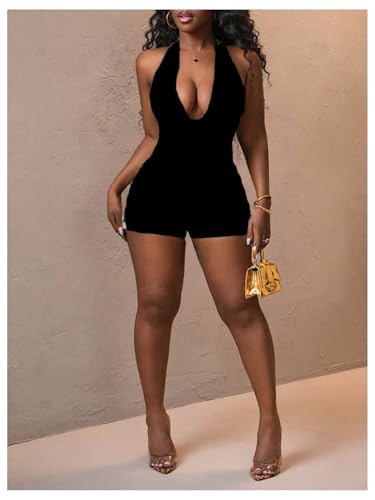 WDIRARA Women's Leopard Print Halter Bodysuit Sexy Sleeveless Romper Tie Backless Short Jumpsuit