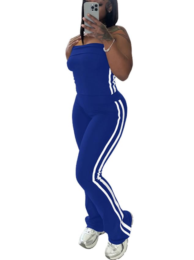 HBQ Women Two Piece Outfits Strapless Crop Top and Flare Pants Casual Stripe Lounge Sets Tracksuits