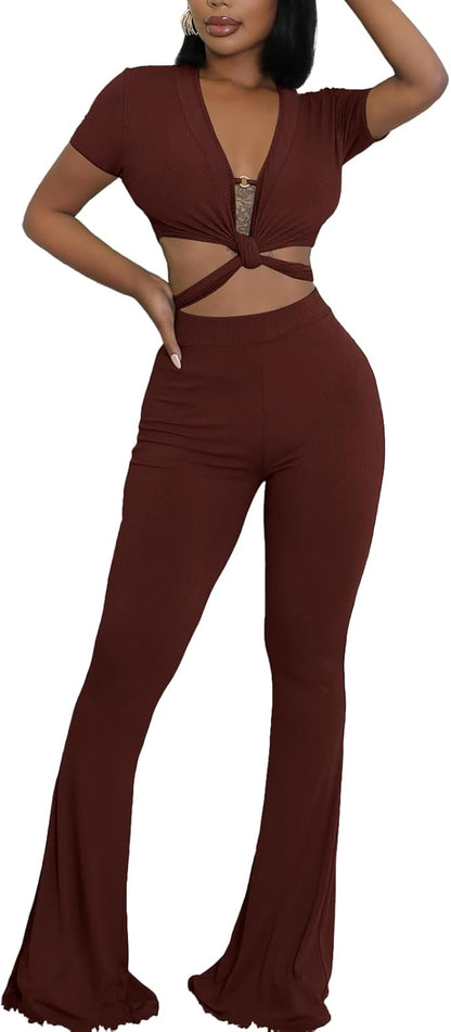 OLUOLIN Two Piece Sets for Women Short Sleeve Sexy V Neck Belted Crop Tops Wide Leg Pants Set Tracksuit