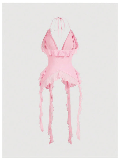 WDIRARA Women's 3D Flower Tie Front Ruffle Trim Halter Top Tie Backless Camisole