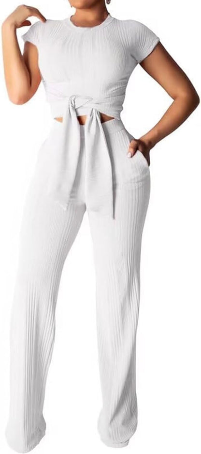 EDITCOZY Women 2 Piece Outfits Sexy Tie Front Crop Top Wide Leg Pants Sets Casual Summer Ribbed Two Piece Set