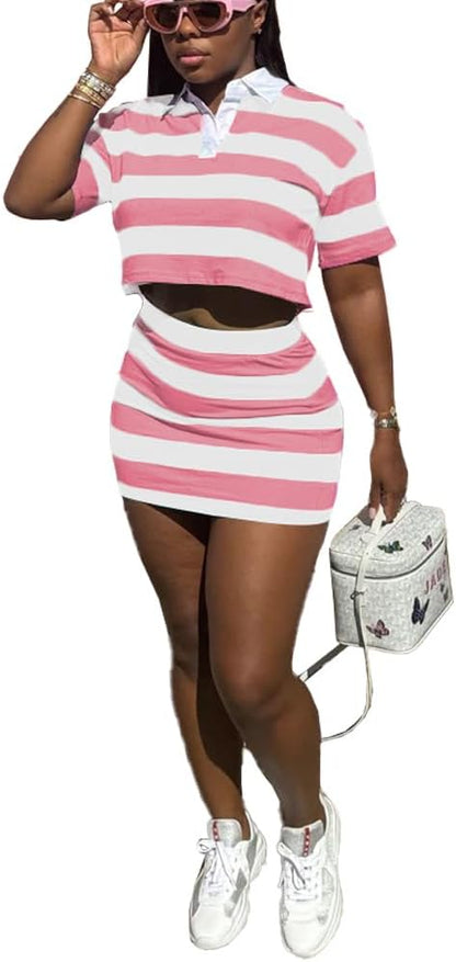 HBQ Women's Casual Two Piece Skirt Sets Polo Collar Crop Top Striped Mini Dress Summer Vacation-Stripe
