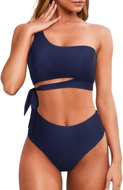 MOOSLOVER Women One Shoulder High Waisted Bikini Tie High Cut Two Piece Swimsuits
