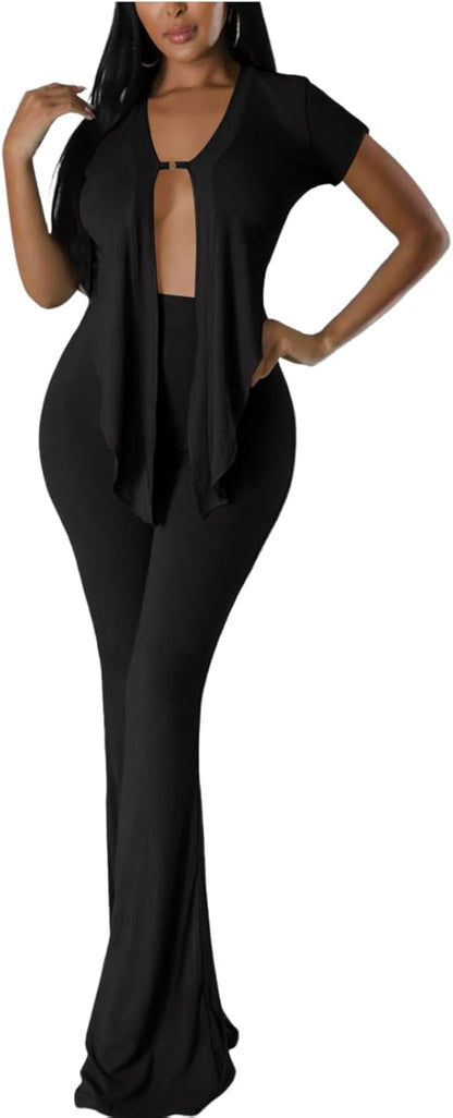 OLUOLIN Two Piece Sets for Women Short Sleeve Sexy V Neck Belted Crop Tops Wide Leg Pants Set Tracksuit