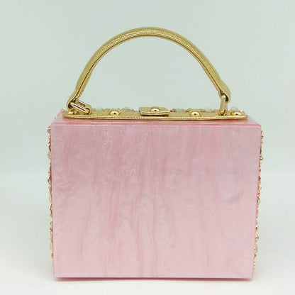 Boutique De FGG Acrylic & Flower Designer Shoulder Bags for Women Crossbody Bag Rhinestones Box Tote Evening Handbags,Small