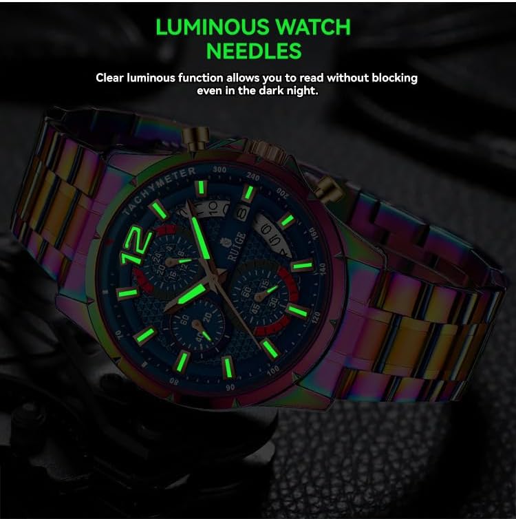 RUIGE Sports Chronograph Colorful Series Multi Functional Men's Quartz Watch Stainless Steel Material Men's Night Light Waterproof Fashion Trend Watch Diameter 42MM N3-3