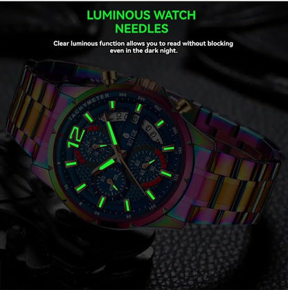 RUIGE Sports Chronograph Colorful Series Multi Functional Men's Quartz Watch Stainless Steel Material Men's Night Light Waterproof Fashion Trend Watch Diameter 42MM N3-3
