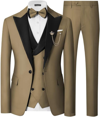 Mens 3 Piece Tuxedo Suit Slim Fit Wedding Prom Dinner Tuxedo for Men Double Breasted Suits Set with Bow Tie