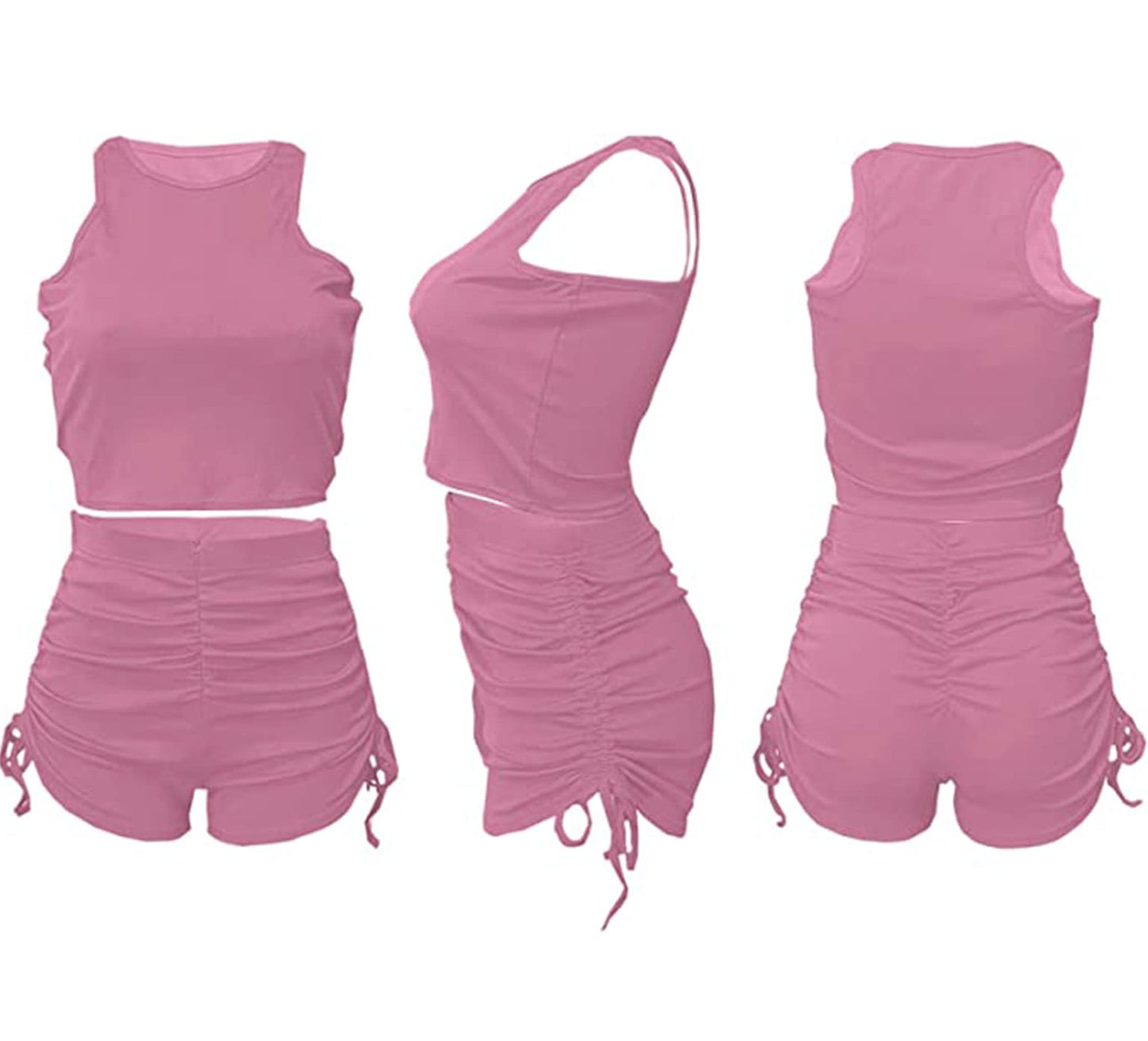 PYAEAS Summer Two Piece Outfits for Women, Casual Stretchy Ribbed Tank Crop Top Ruched Shorts Set Workout Tracksuits