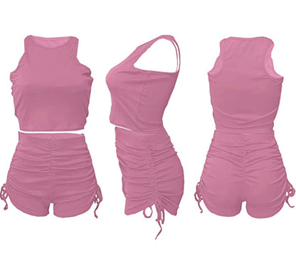 PYAEAS Summer Two Piece Outfits for Women, Casual Stretchy Ribbed Tank Crop Top Ruched Shorts Set Workout Tracksuits