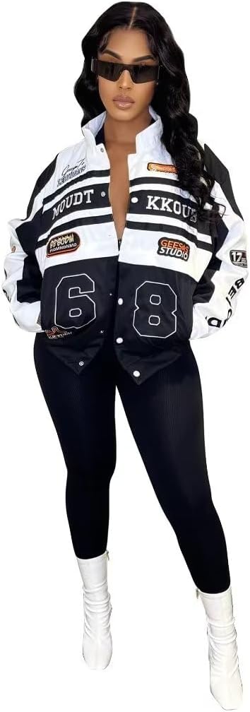 Kafiloe Women Racer Biker Jacket Windbreaker Lightweight Detachable Motorcycle Varsity Jacket Coat Street Wear