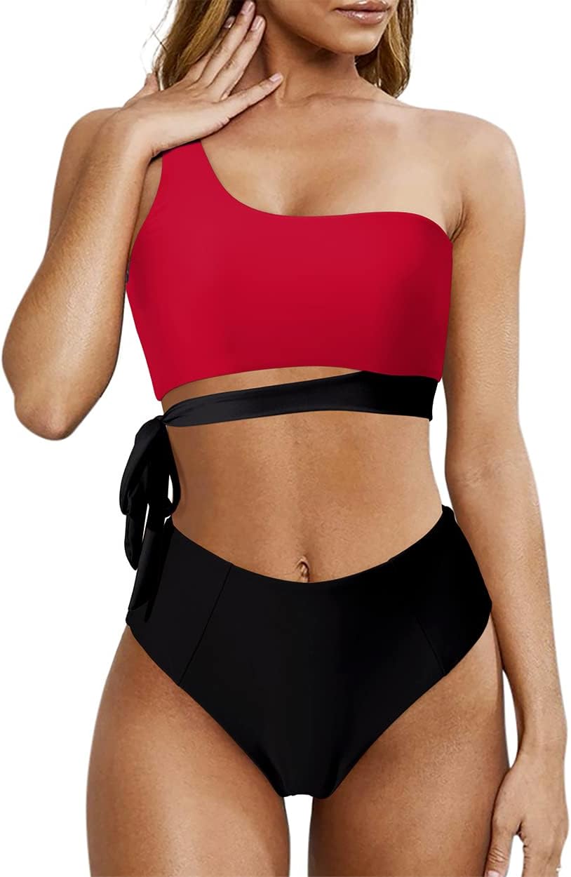 MOOSLOVER Women One Shoulder High Waisted Bikini Tie High Cut Two Piece Swimsuits