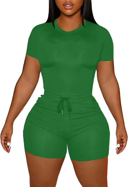 LovelyWholesale Women's Summer 2 Piece Outfits Skinny Shorts Tracksuit Sets